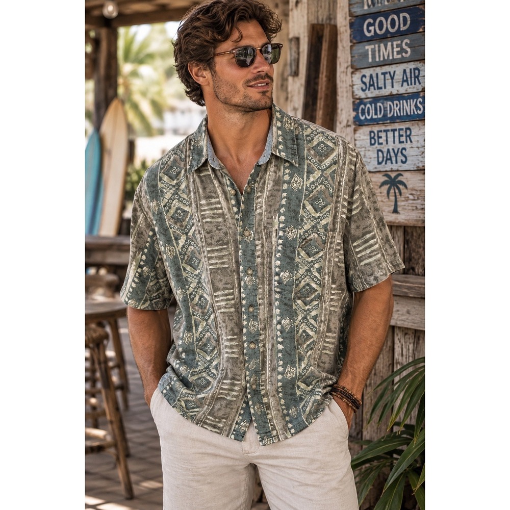 Bugle Boy Company Mens Large Green Geometric Southwestern Short Sleeve Shirt